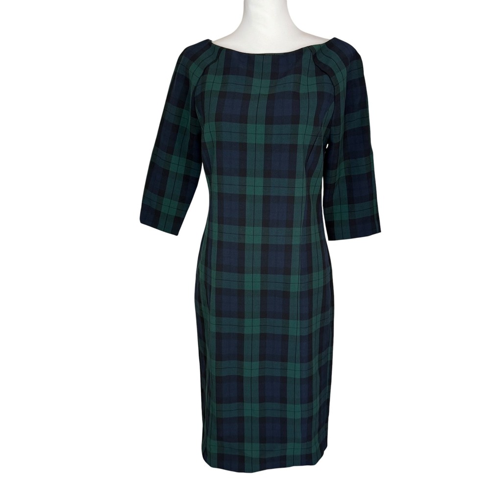 Catherine Malandrino Green Plaid Black Watch Sheath Dress Boat Neck Size 6 NEW